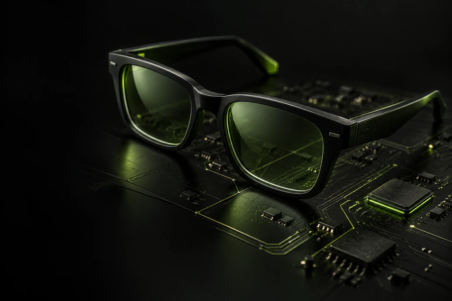 Black nerd glasses resting on a circuit board illuminated with green light